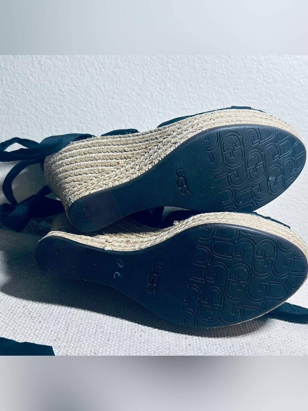 UGG Black Espadrille Wedge Sandals with Ankle Wrap - Picture 8 of 14